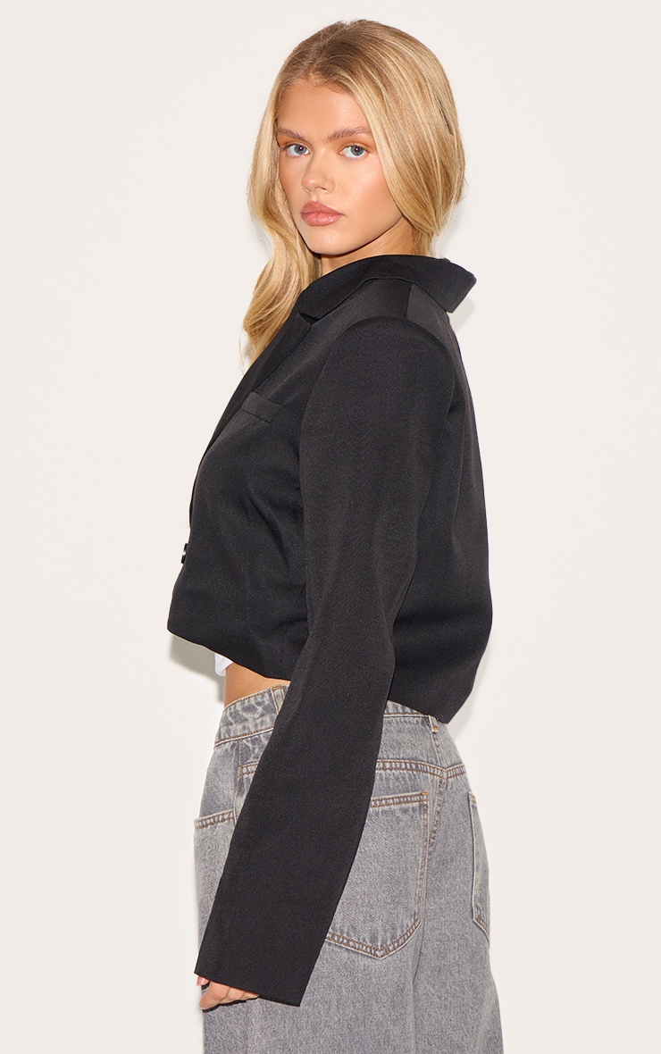 Black Woven Cropped Shoulder Padded Blazer image 2