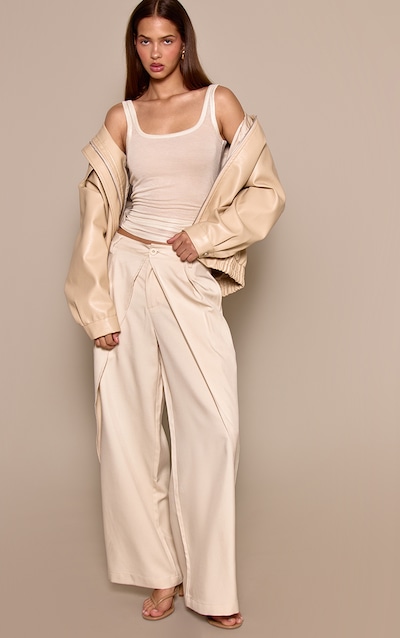 Cream Woven Pleated Drape Panel Wide Leg Trousers