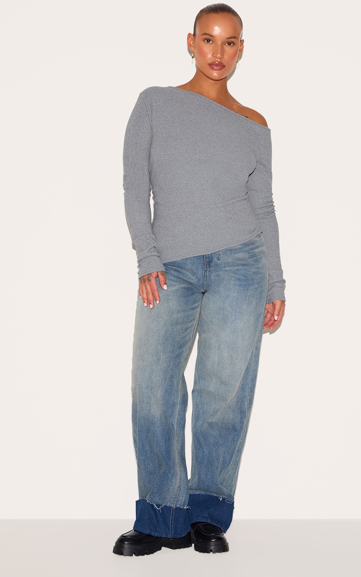 Plus Grey Bardot Soft Touch Rib Long Sleeve Top image 3
