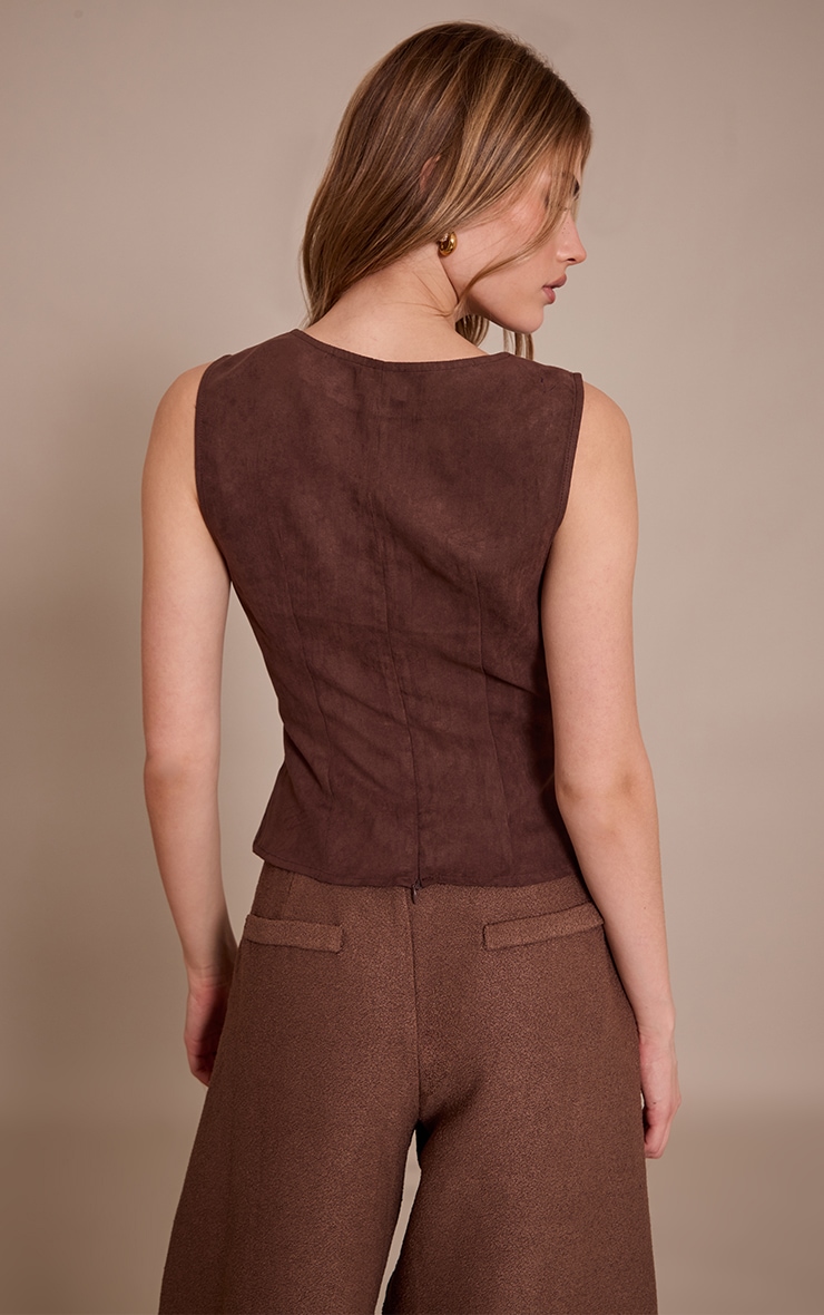 Brown Faux Suede Fitted Cut Out Long Top image 2