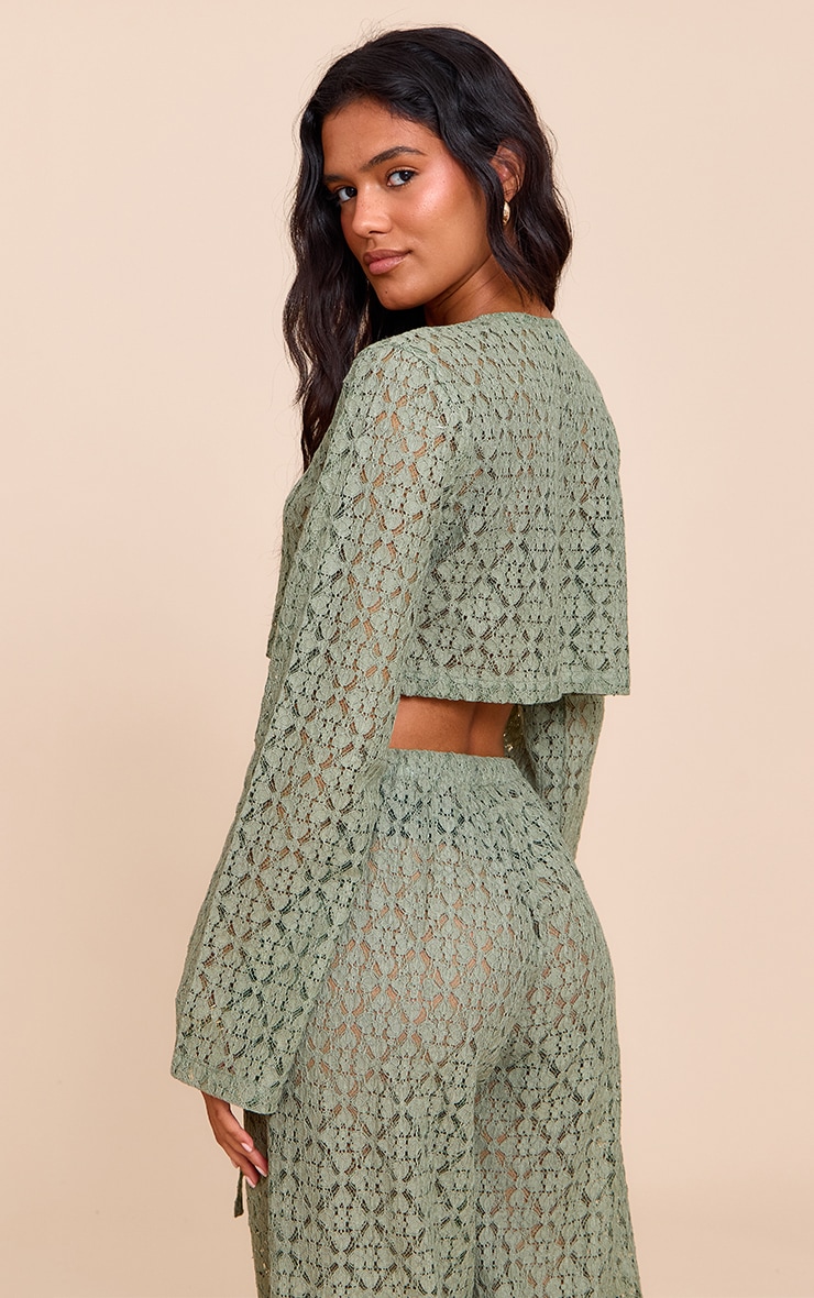 Khaki Lace Button Detail Crop Top image 2