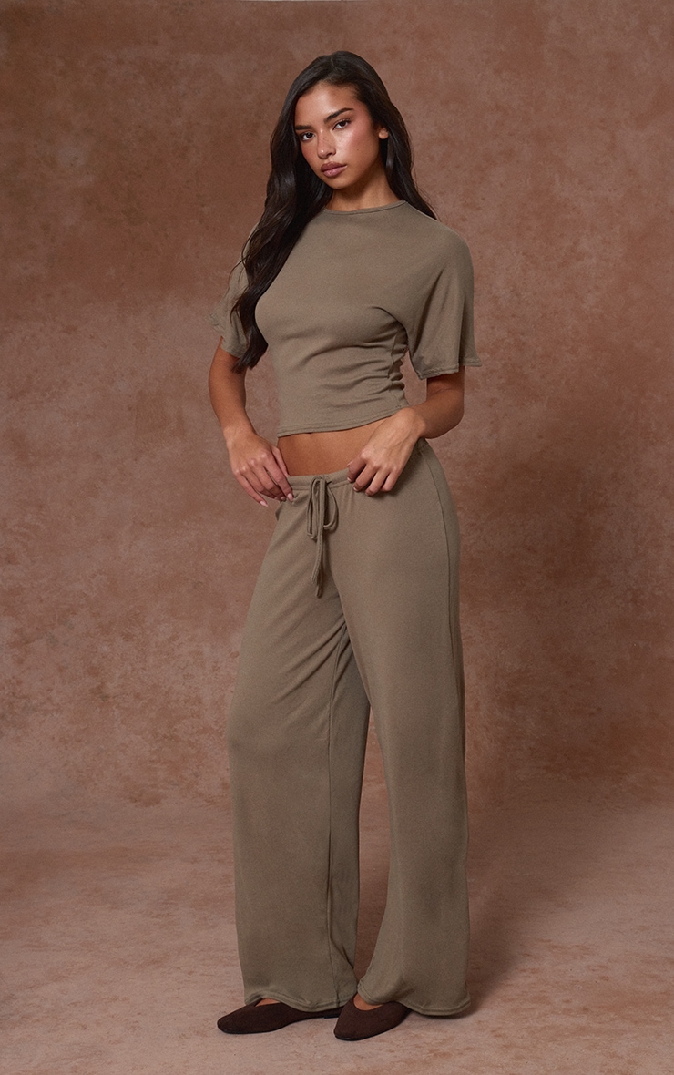 Dark Taupe Soft Touch Tie Waist Casual Trousers image 2