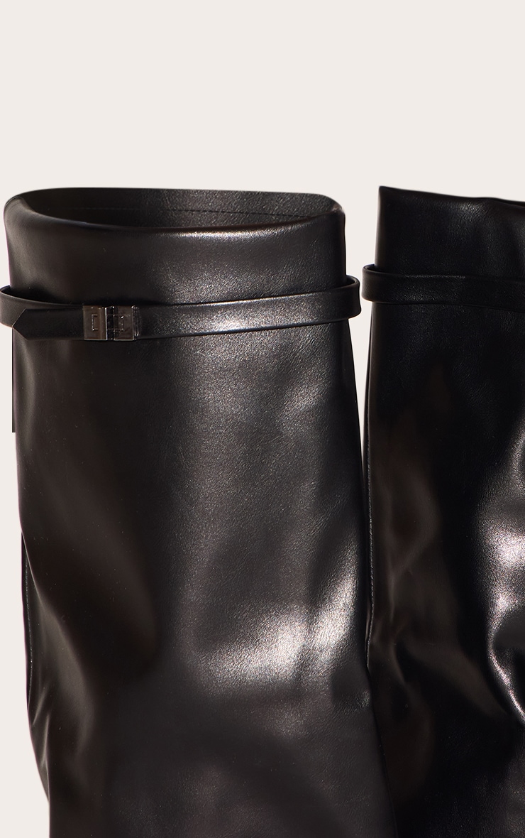 Black Matte PU Point Toe Fold Over Knee High Block Heeled Boots image 4