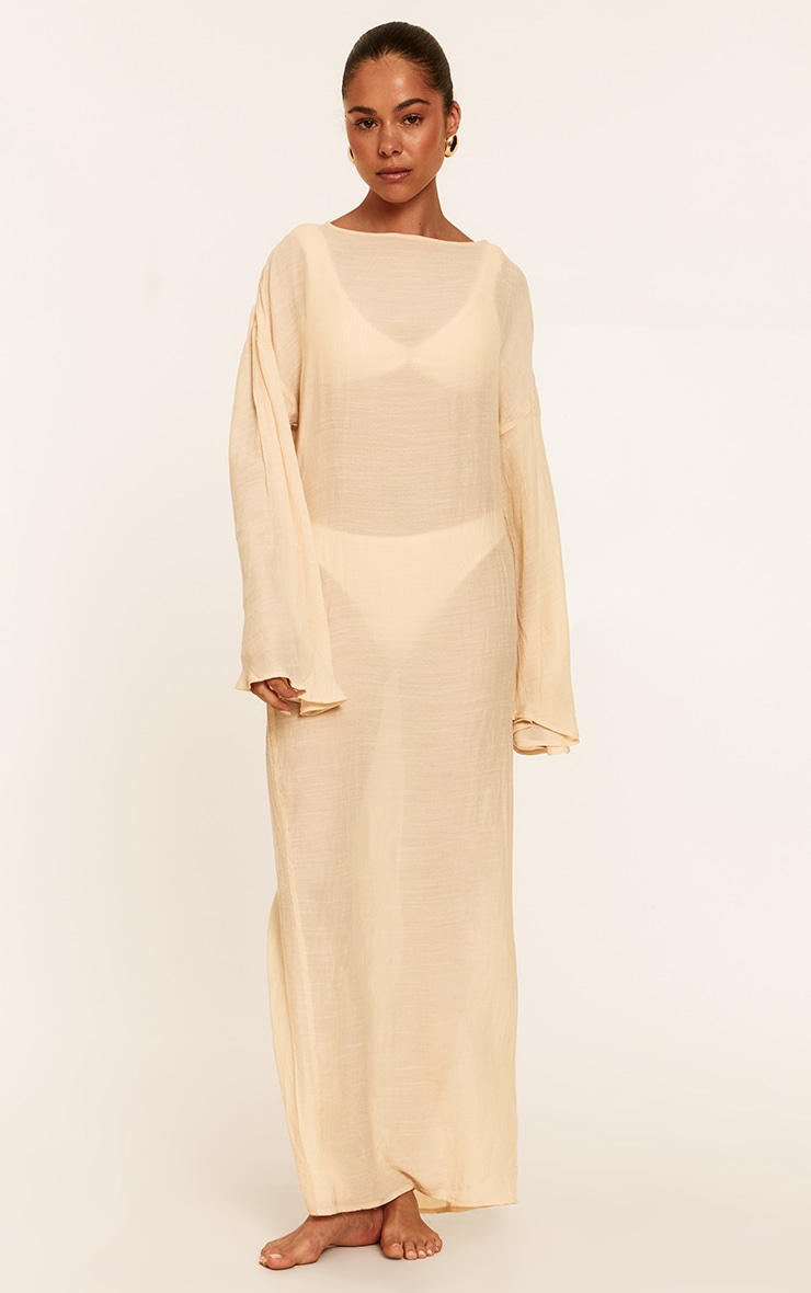 Robe de plage longue en effet lin crème à manches flutes image 1