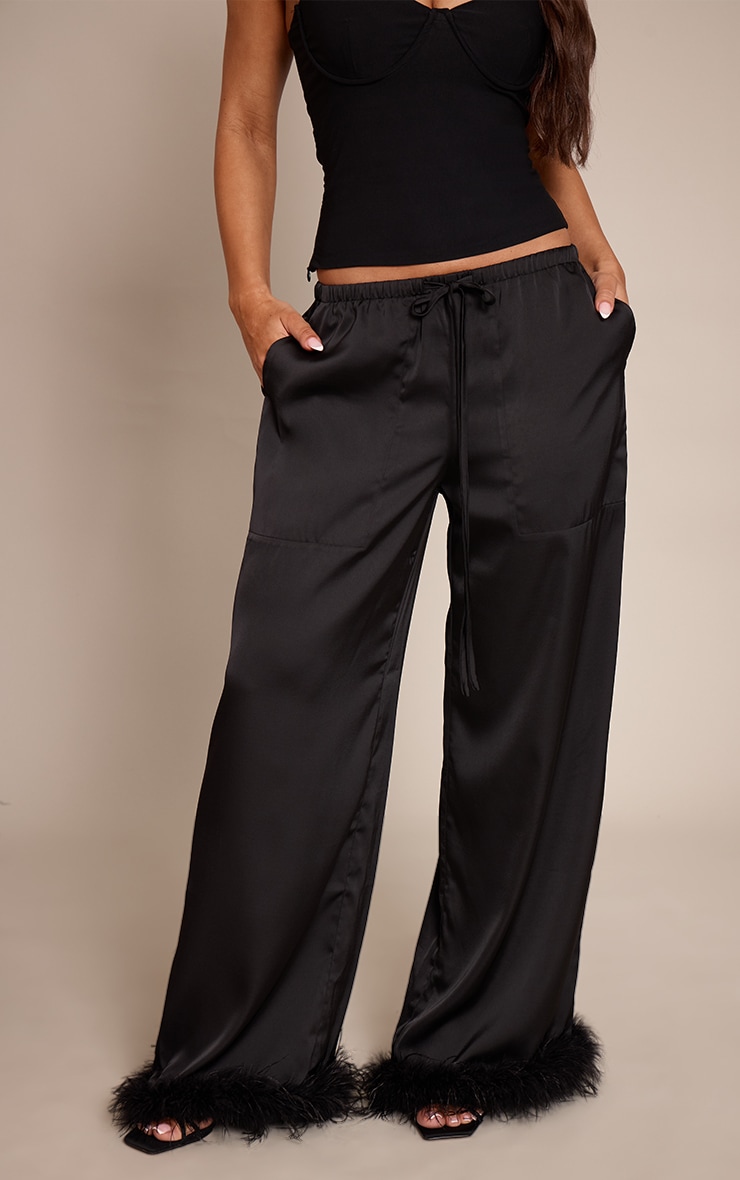 Black Satin Low Rise Wide Leg Drawstring Feather Hem Pants image 2
