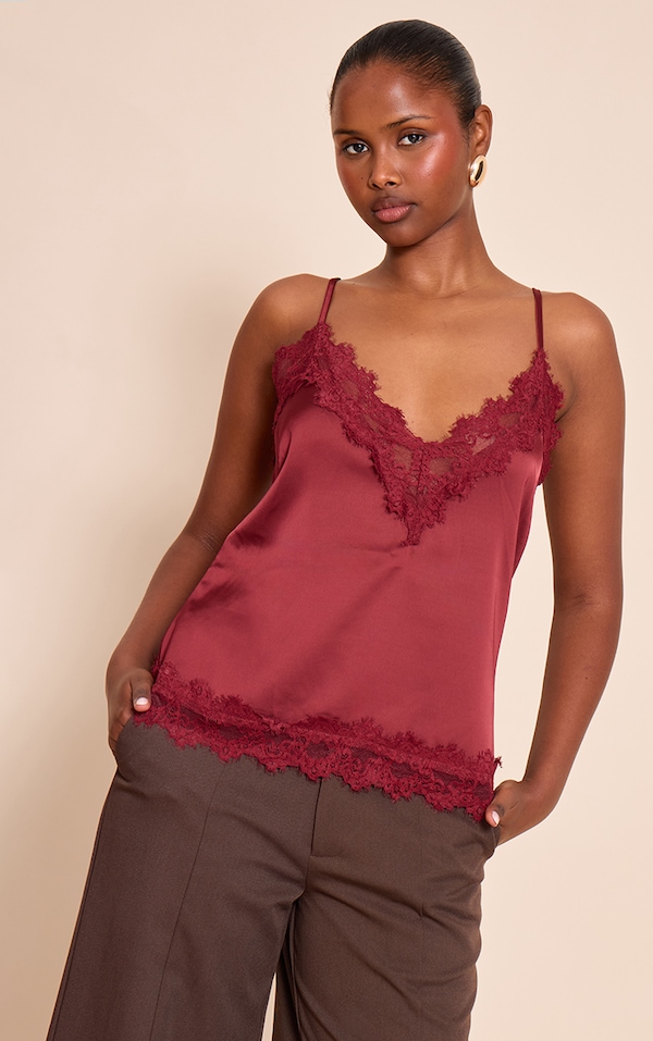 Wine Satin V Neck Trim Detail Cami Top