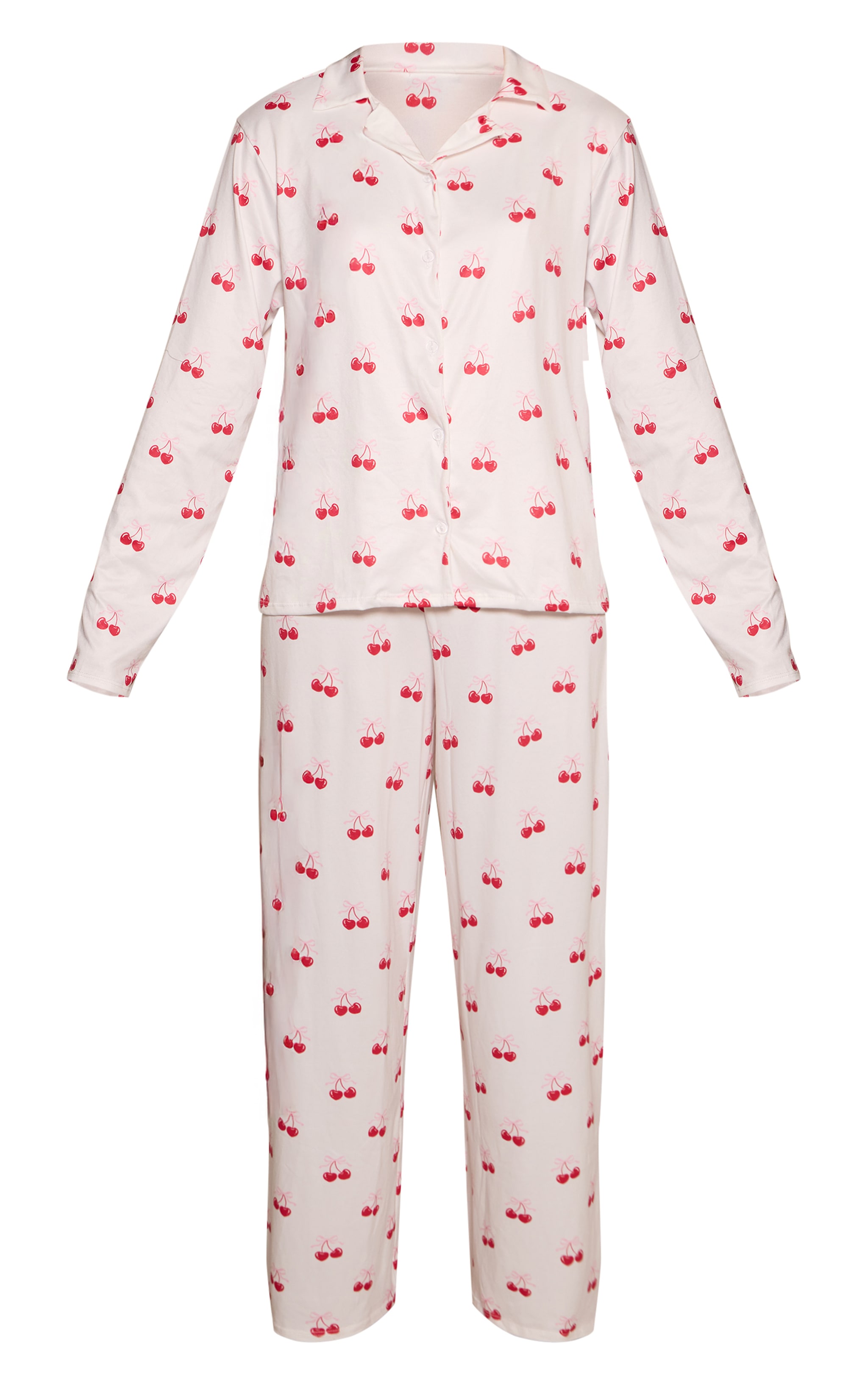 Cream Heart Cherry Print Long Sleeve Button Through Pj Set image 5