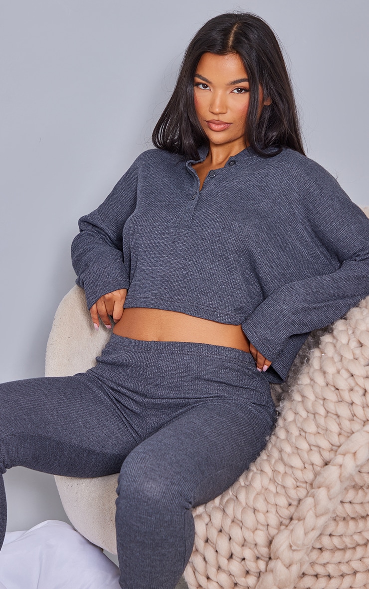Charcoal Grey Waffle Long Sleeve Button Detail Crop Pj Top
