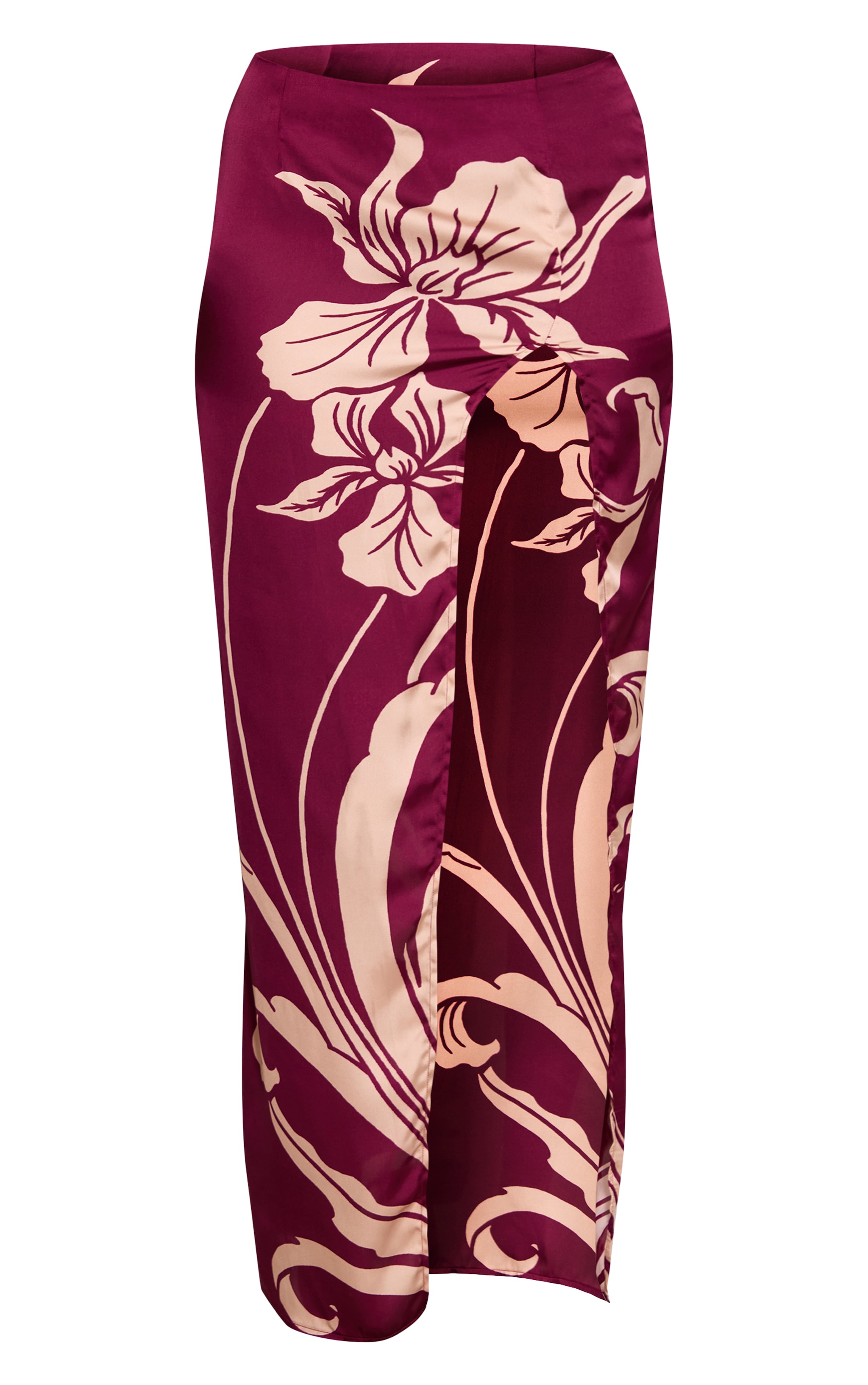 Jupe longue satinée imprimé rouge vin à fente image 5