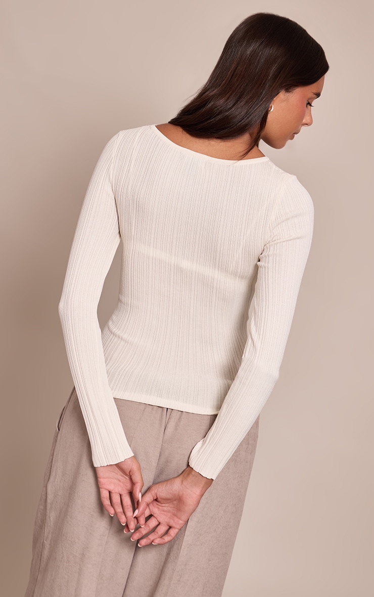 Cream Fine Knit Boat Neck Rib Knit Top image 2