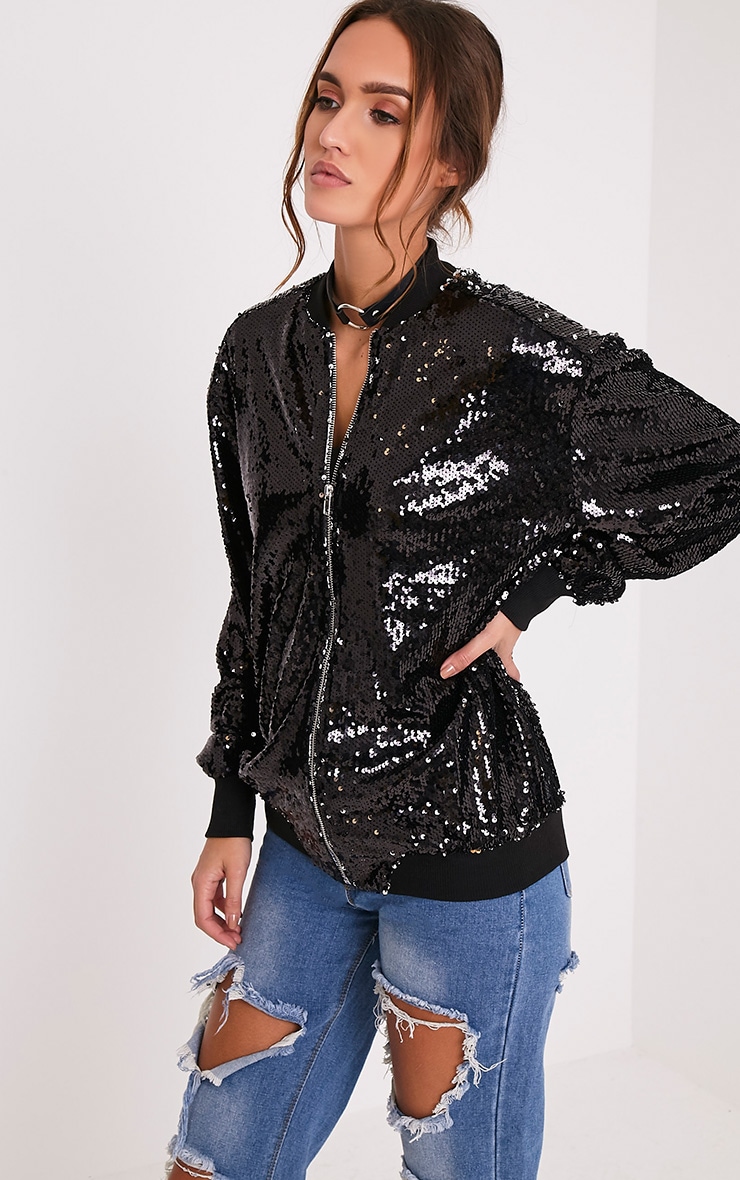 Iola Black Sequin Bomber Jacket PrettyLittleThing USA