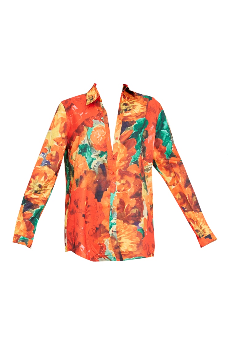 Red Floral Printed Oversized Shirt image 5