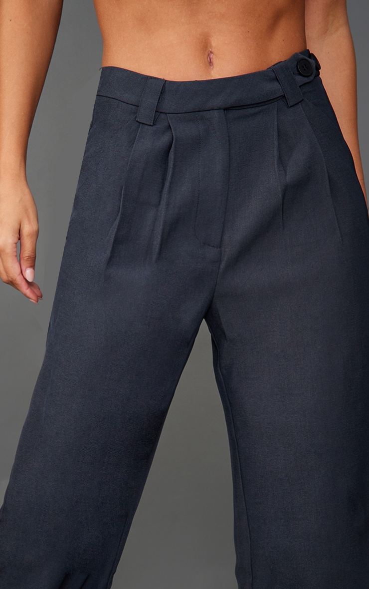 Charcoal Grey Woven Button Detail Straight Leg Trousers image 4