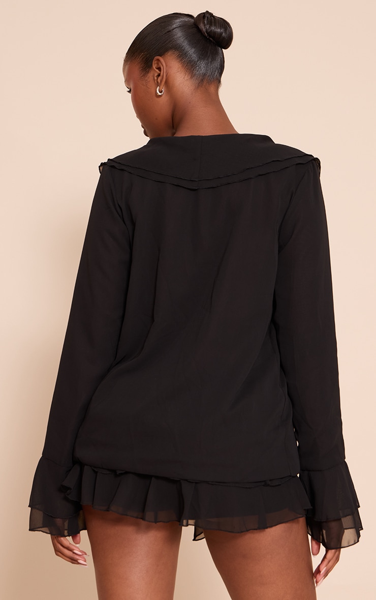 Black Chiffon Frill Plunge Long Sleeve Top image 2