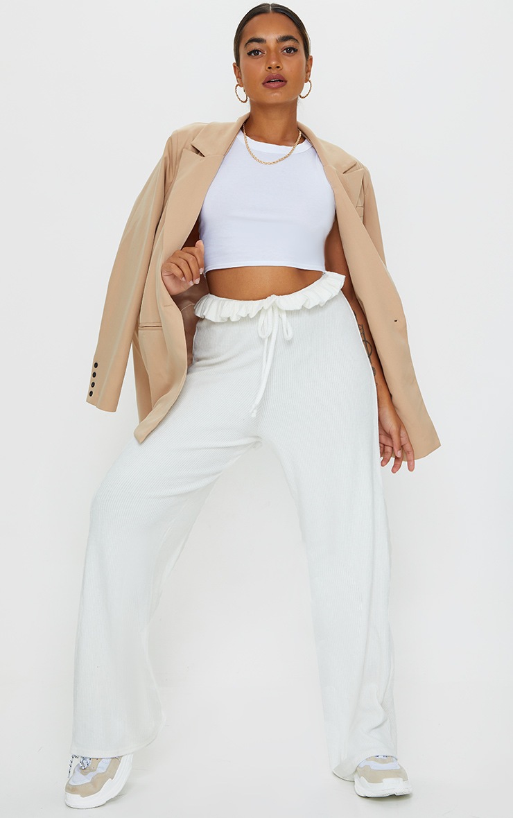 Petite Cream Ruched Waist Brushed Rib Jogger