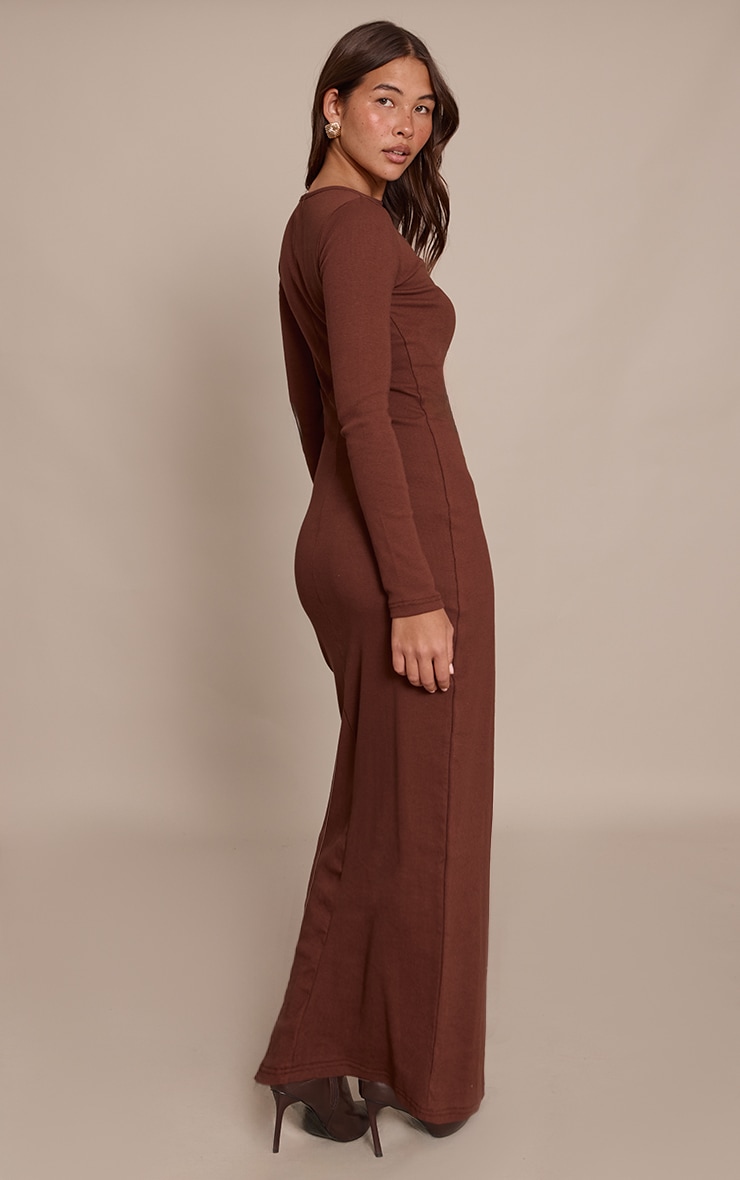 Chocolate Ribbed Boat Neck Long Sleeve Bodycon Maxi Dress image 2