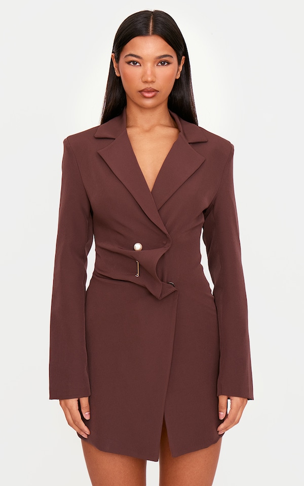 Chocolate Woven Asymmetric Trim Blazer Dress