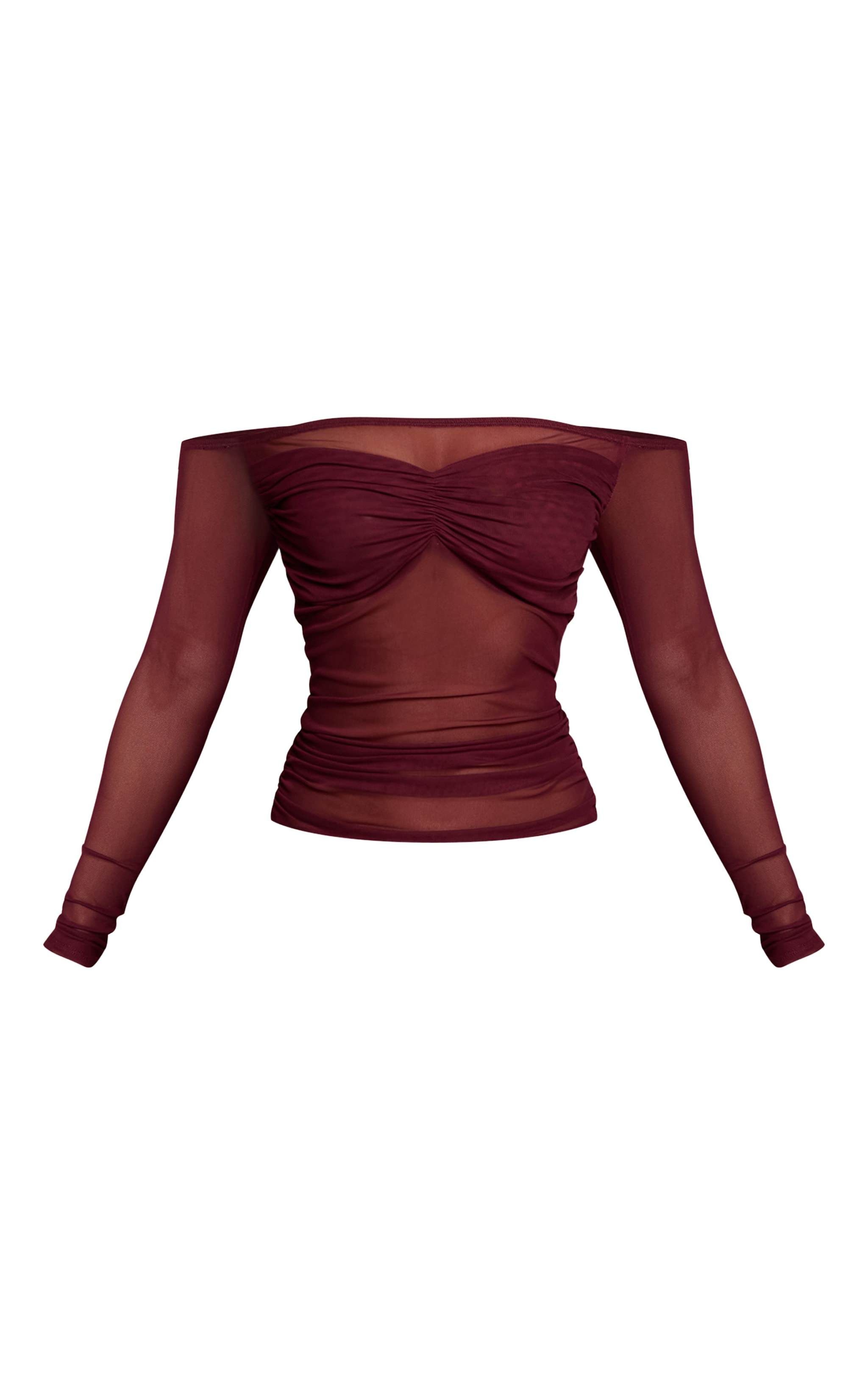 Deep Plum Sheer Mesh Bust Panel Bardot Long Sleeve Top image 5