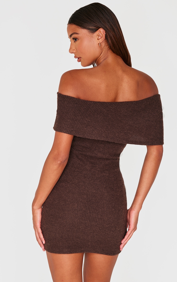 Chocolate Brushed Rib Asymmetric Bodycon Dress image 2