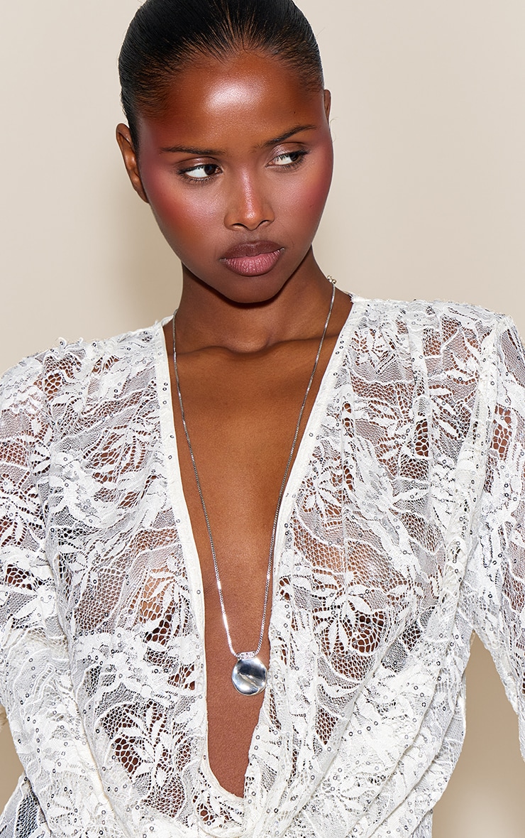 Silver Textured Disc Long Necklace