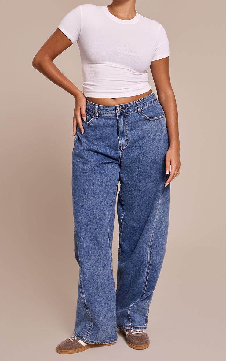 Plus Mid Blue Wash Seam Detail Relaxed Wide Leg Jeans image 2