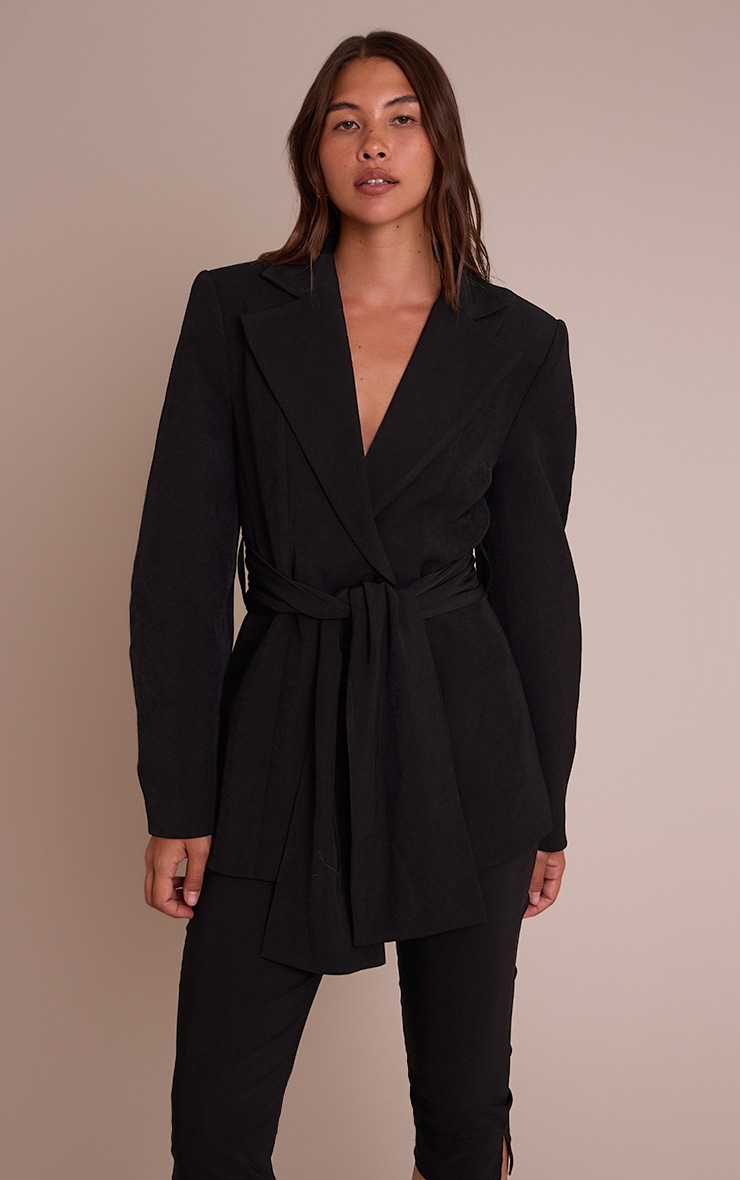 Black Gathered Wrap Waist Belted Blazer image 1