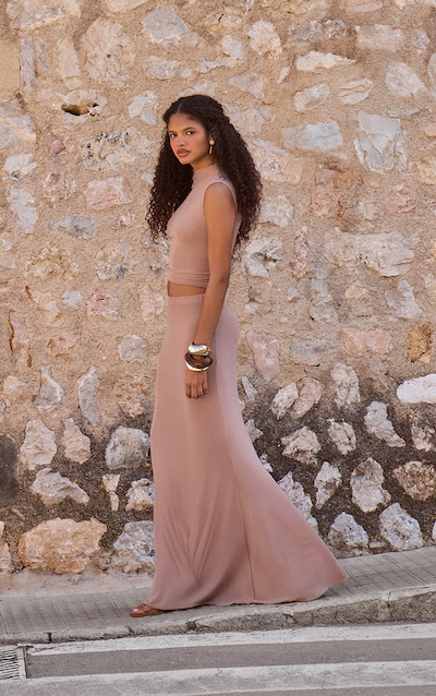 Jupe sirène longue en mesh taupe à taille mi-haute