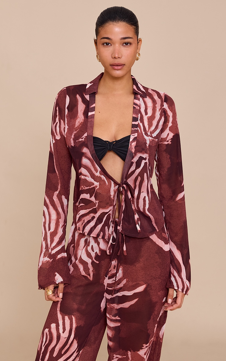 Brown Chiffon Abstract Print Long Sleeve Tie Front Shirt image 1