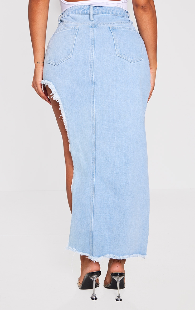  Shape Light Blue Wash Denim Asymmetric Frayed Hem Midaxi Skirt image 3