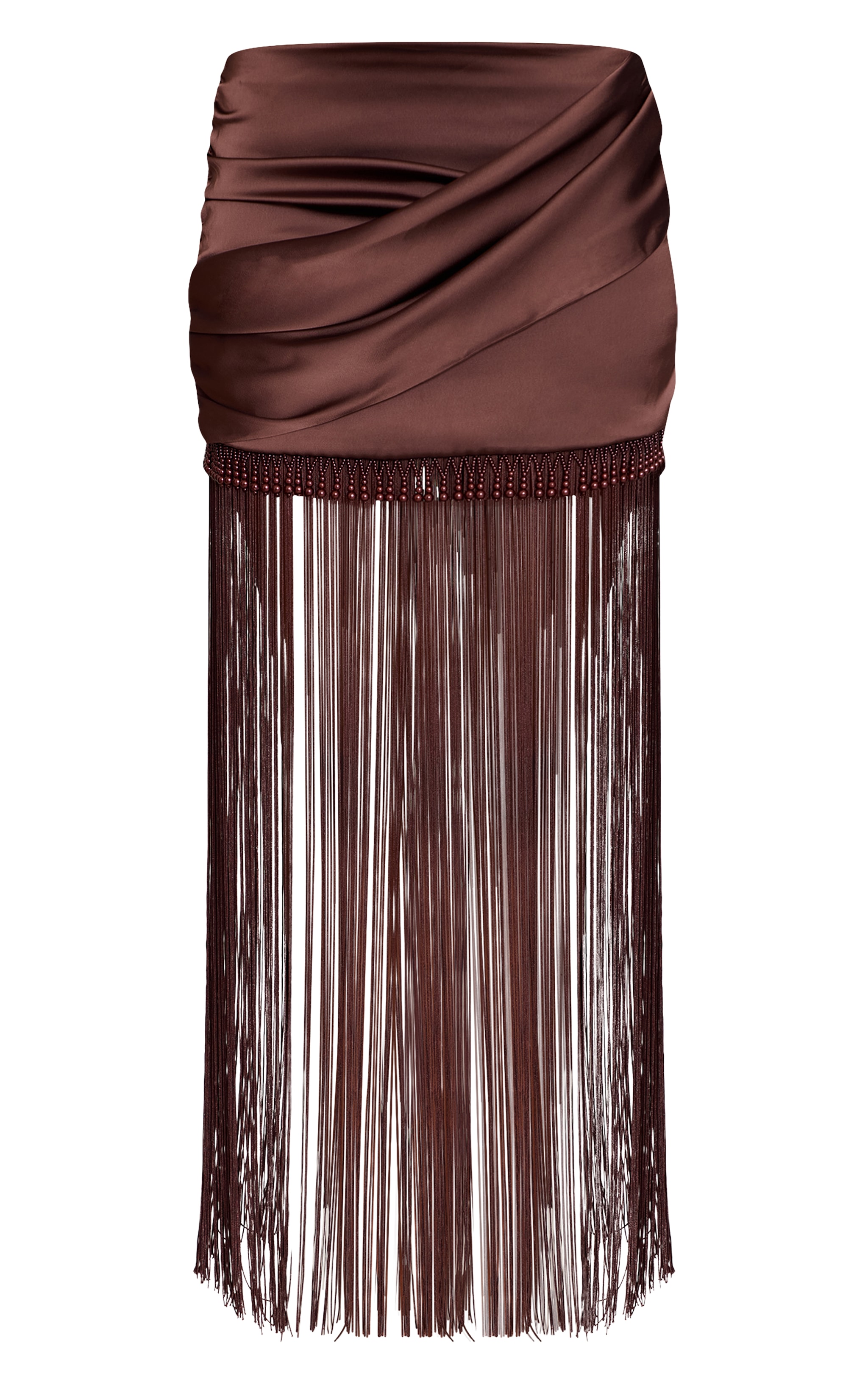 Mini-jupe satinée marron chocolat à perles et ourlet frangé image 6