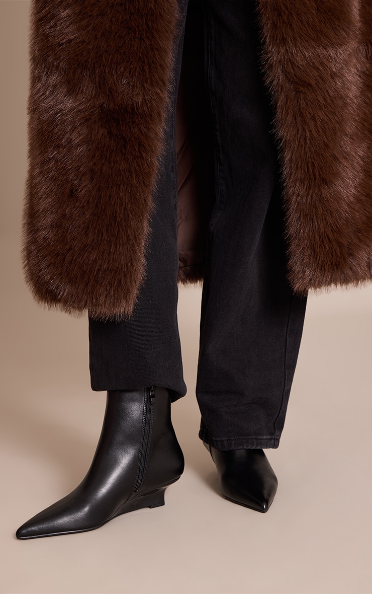 Black PU Kitten Wedge Ankle Boots