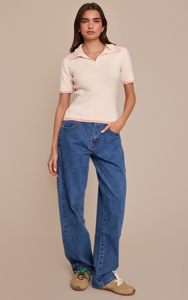 Cream Double Layer Knitted Polo Top  image 3