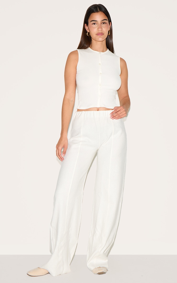 Cream Soft Ribbed Straight Leg Pants image 2