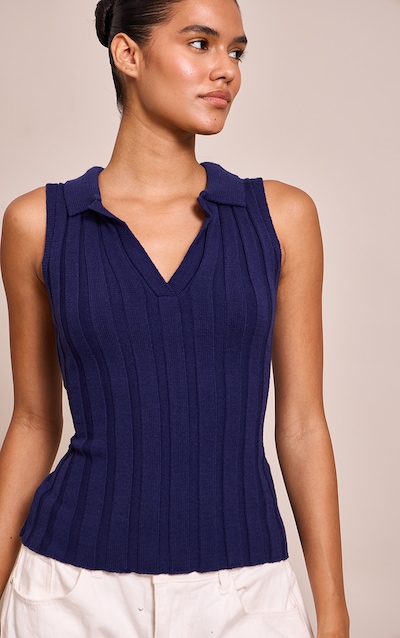 Navy Sleeveless Wide Rib Polo Top