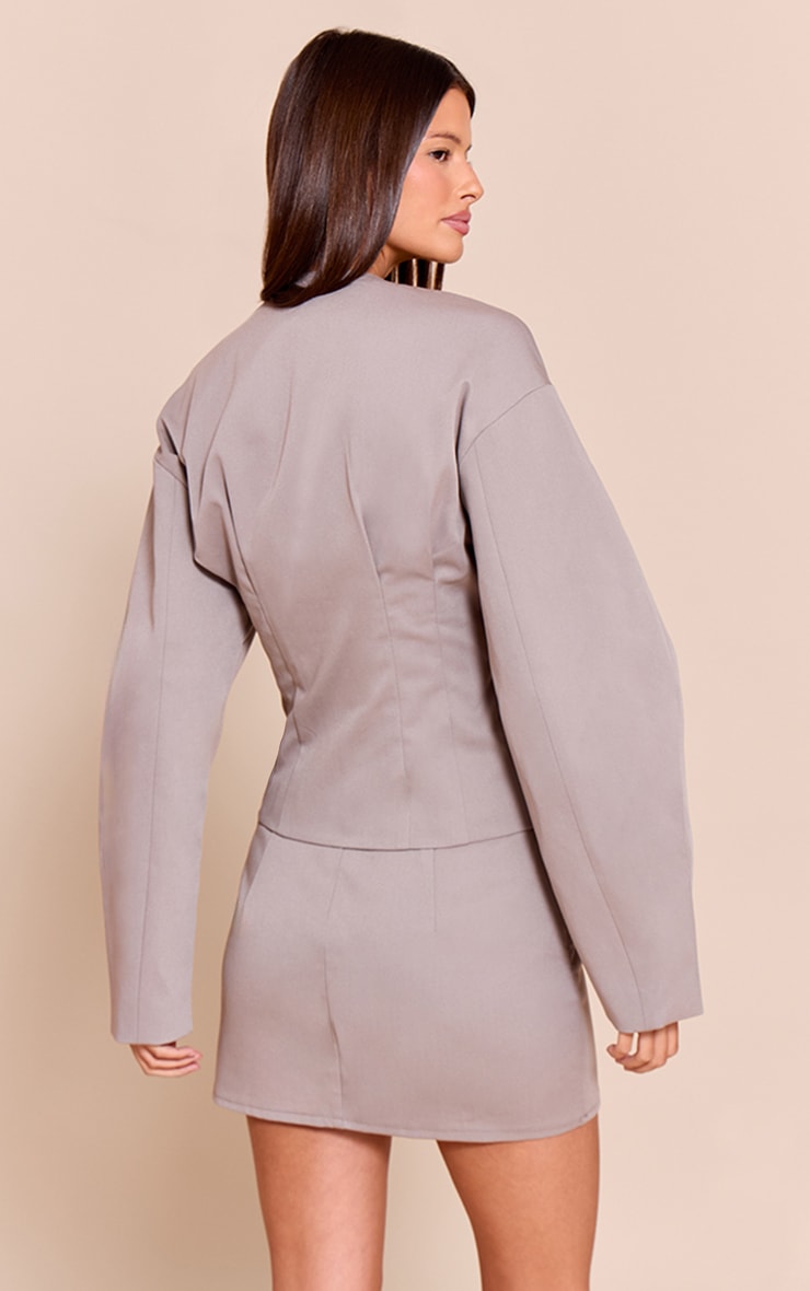 Taupe Tailored Woven Boxy Balloon Sleeve Blazer image 2