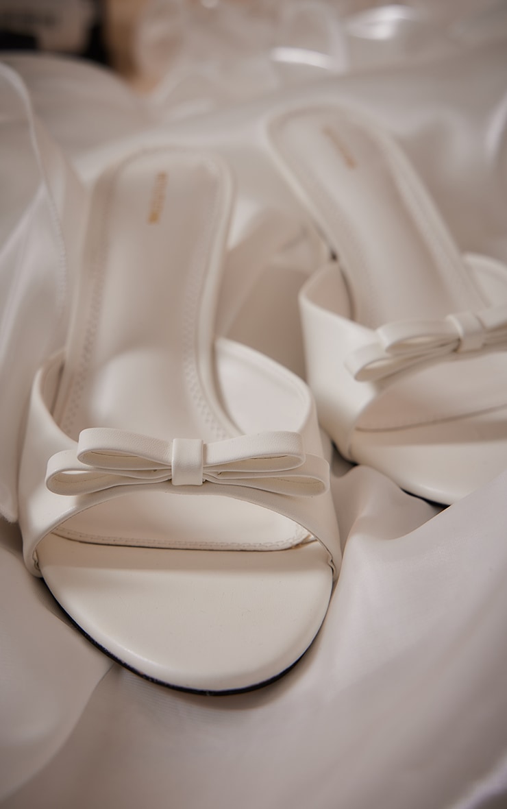 White Satin Round Toe Bow Strap Low Heel Mules image 4