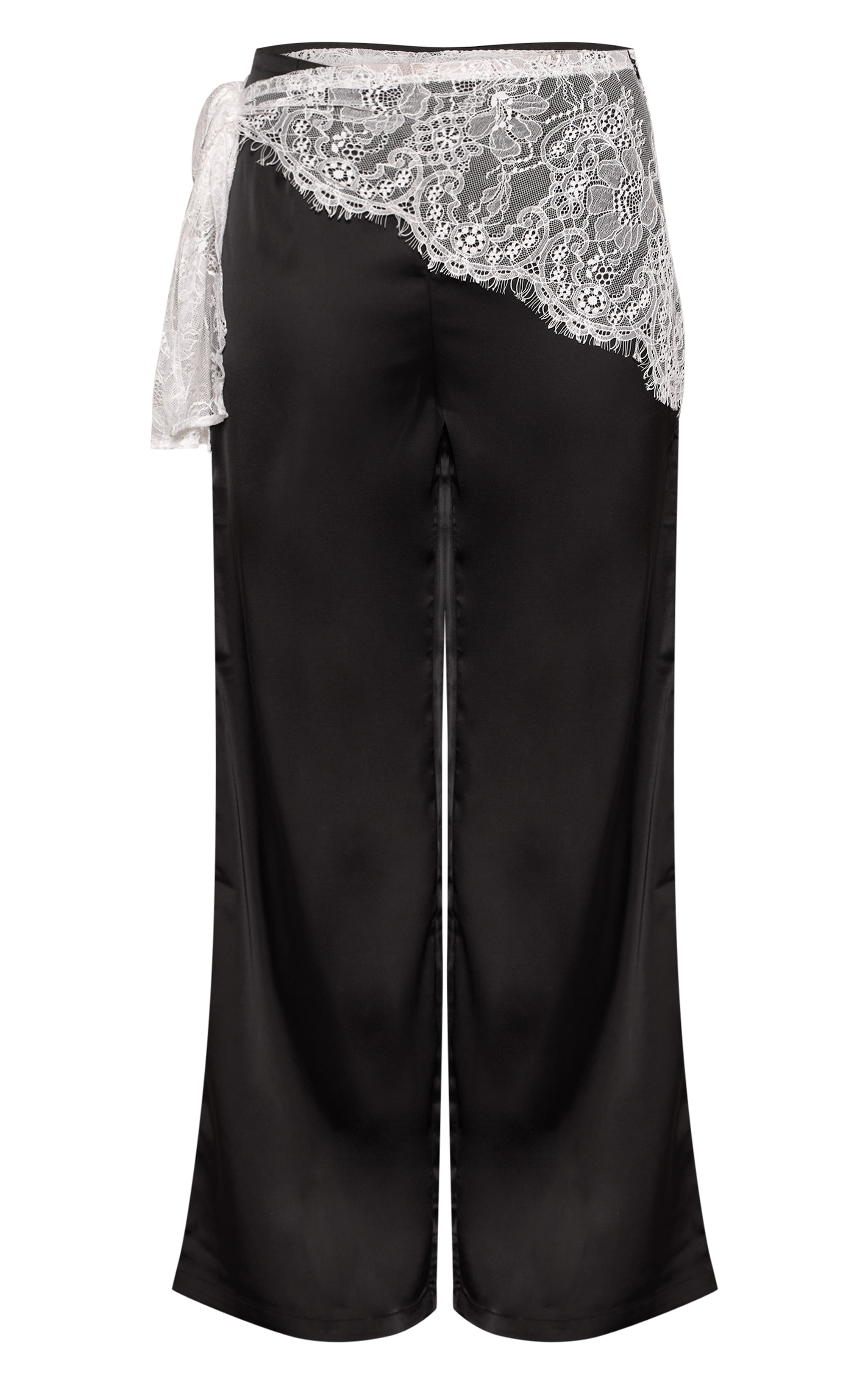Black Lace Wrap Detail Satin Wide Leg Trousers image 5