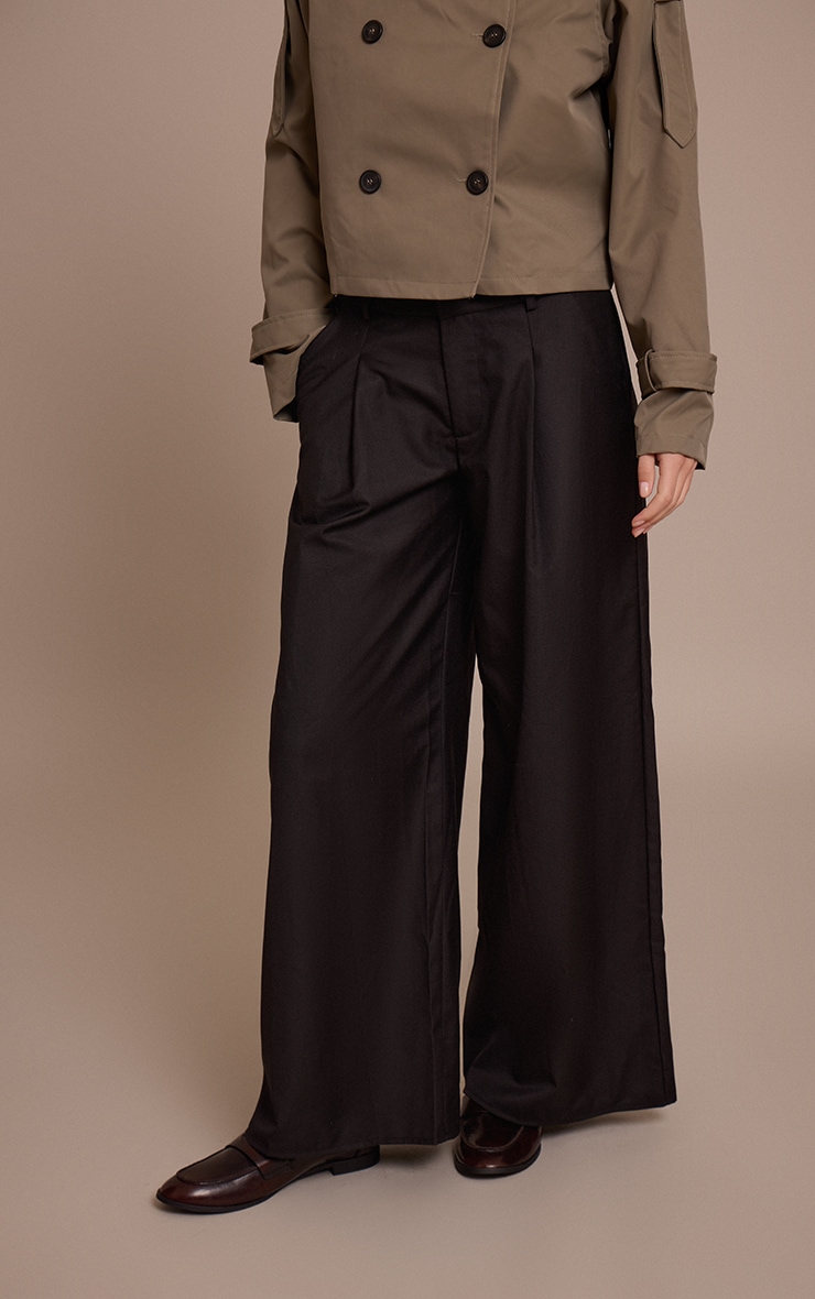  Black Woven Double Pleat Wide Leg Pants