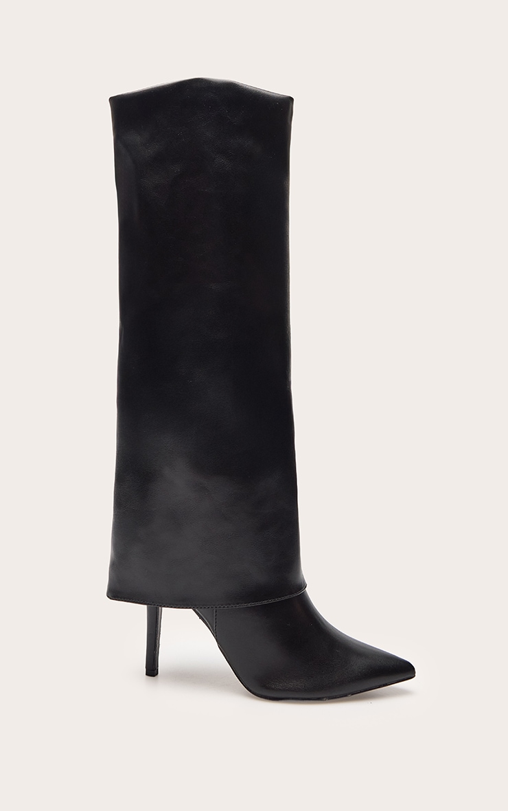 Black Faux Leather Stiletto Foldover Knee High Boot image 2