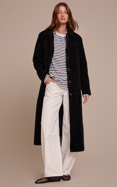 Manteau long en suédine noire à boutons