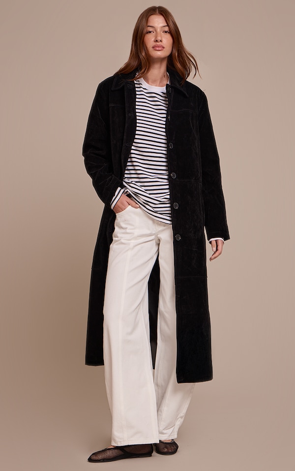 Black Suede Longline Button Coat