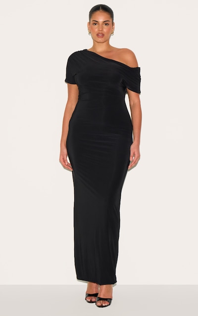 Plus Robe longue moulante doublée noire à manches asymétriques froncées