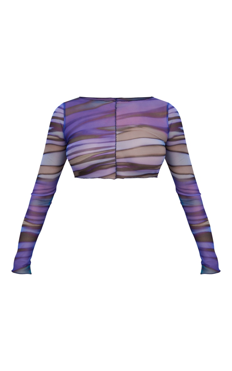 Blue Zebra Printed Mesh Exposed Seam Long Sleeve Crop Top image 5