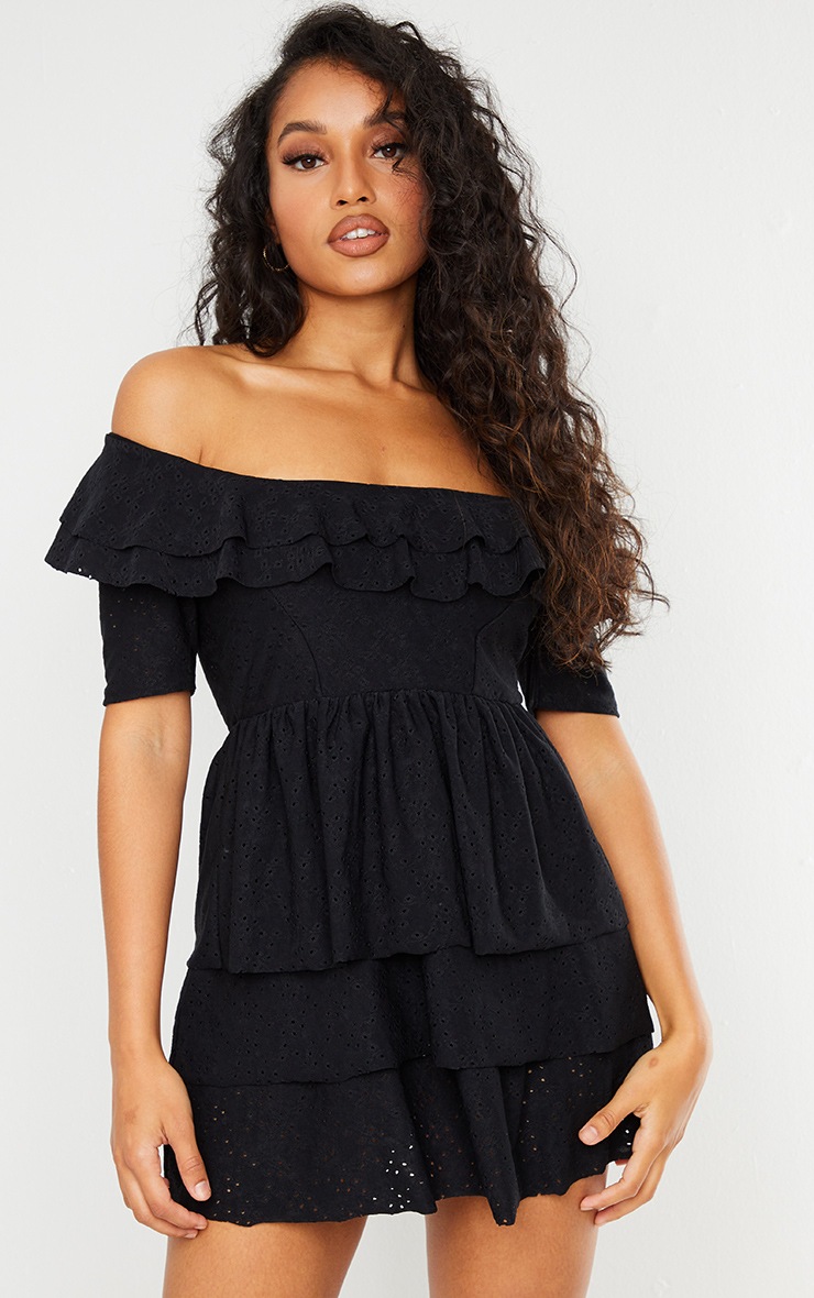 Petite Black Broderie Frill Skirt Bardot Dress