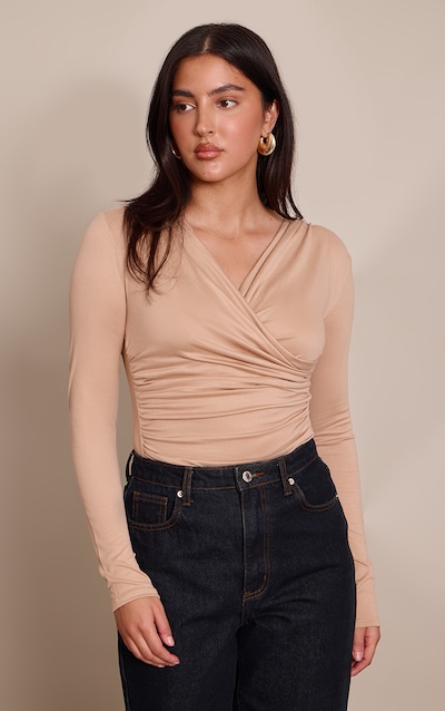 Body doux gris pierre froncé devant à manches longues