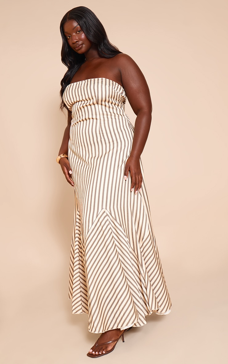 Plus Olive Satin Bandeau Stripe Maxi Dress image 1