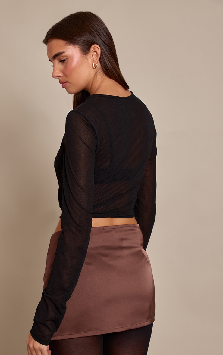 Chocolate Satin Wrap Mesh Mini Skirt image 3