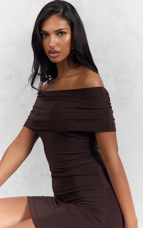 Chocolate Slinky Off The Shoulder Mini Bodycon Dress