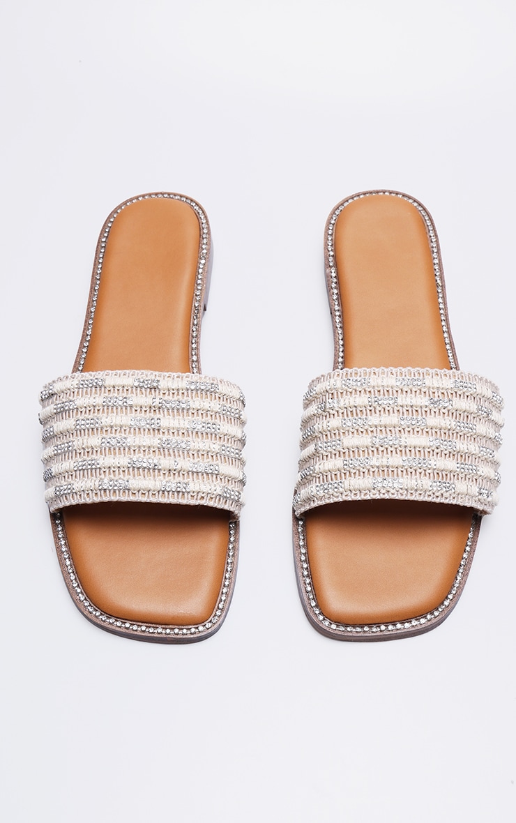 Beige Pu Square Toe Woven Strap Flat Sandals image 2