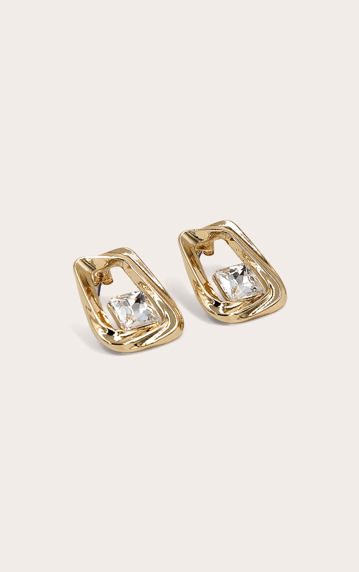 Gold Diamante Abstract Square Stud Earrings image 3